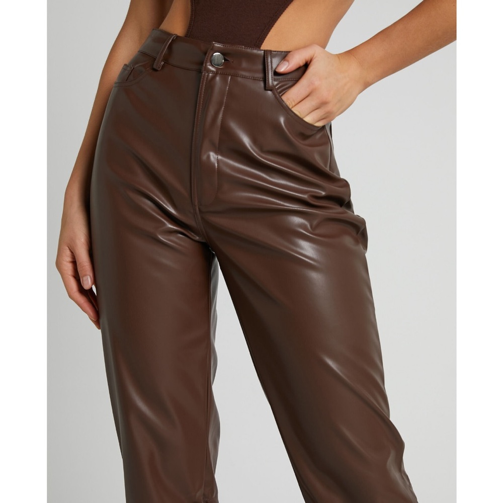 DILYENNE HIGH WAIST STRAIGHT LEG FAUX LEATHER PANTS IN CHOCOLATE - Showpo